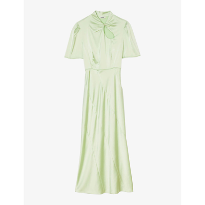 Sandro Womens Verts Teardrop-embellished Puff-sleeve Stretch-satin Maxi Dress