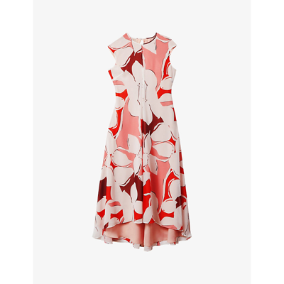 Reiss Becci - Red Printed Open Back Midi Dress, Us 2