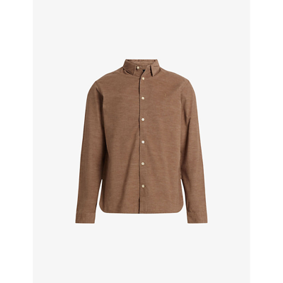 Allsaints Mens Camel Brown Lorella Ramskull-embroidered Regular-fit Organic-cotton Blend Shirt In Camel Brown