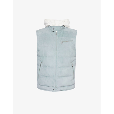 Eleventy Mens Light Blue And White Detachable-hood Quilted Suede-down Down Gilet