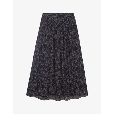 The White Company Womens Navy Floral-print Pintuck Woven Midi Skirt