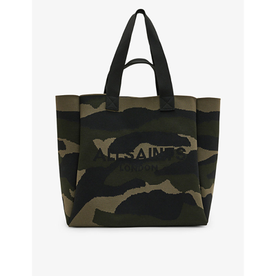 Allsaints Womens Camo Green Izzy Camouflage-print Knitted Recycled-polyester Tote Bag