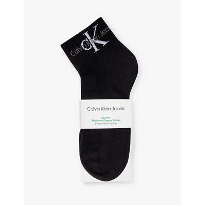 Calvin Klein Mens Black Combo Branded Ankle-length Pack Of Two Cotton-blend Socks