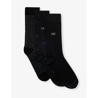 Calvin Klein Mens Black Branded Crew-length Pack Of Three Cotton-blend Socks