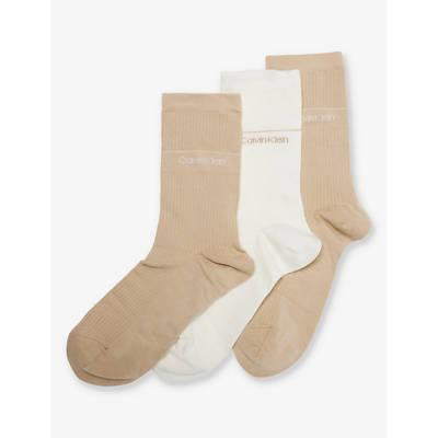 Calvin Klein Womens Brown Combo Branded-print Pack Of Three Cotton-blend Socks