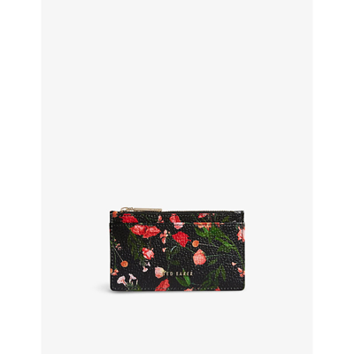 Ted Baker Womens Black Otily Logo-hardware Floral-pattern Leather Card Holder
