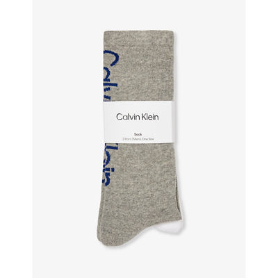 Calvin Klein Mens Mid Grey Melange Branded Crew-length Pack Of Three Cotton-blend Socks