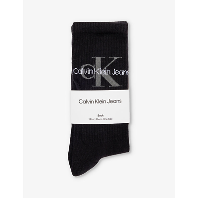 Calvin Klein Mens Black Branded Crew-length Cotton-blend Socks