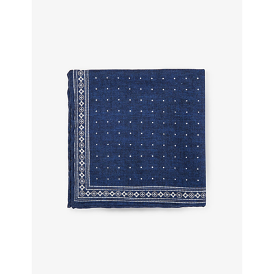 Eleventy Mens Navy Abstract-print Rolled-hem Wool And Cotton-blend Pocket Square