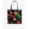 TED BAKER TED BAKER WOMEN'S BLACK FLIRCON LOGO-EMBROIDERED FLORAL-PRINT LARGE FAUX-LEATHER TOTE
