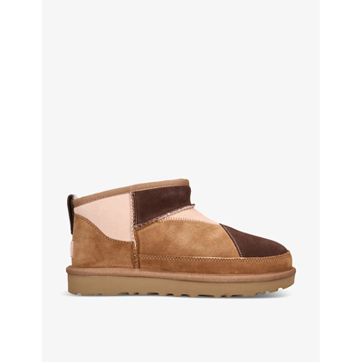 Ugg Womens Tan Comb Classic Ultra Mini Reimagind Logo-patch Suede And Shearling Ankle Boots
