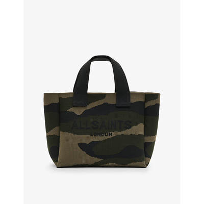 ALLSAINTS ALLSAINTS WOMEN'S CAMO GREEN IZZY MINI CAMOUFLAGE-PRINT KNITTED RECYCLED-POLYESTER TOTE BAG