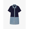 Sandro Womens Bleus Contrast-collar Short-sleeve Tweed And Denim Mini Dress In Blue