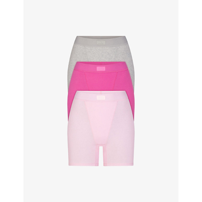 Skims Womens Hot Pink Multi Cotton Rib Pack Of Three Stretch-cotton Boxer Short