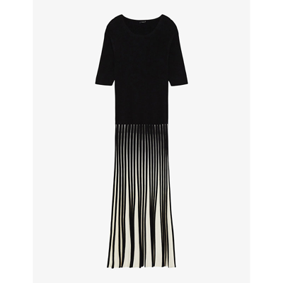 Joseph Ribbed Elbow-sleeve Pleated Midi Dress In Oyster White/ Black