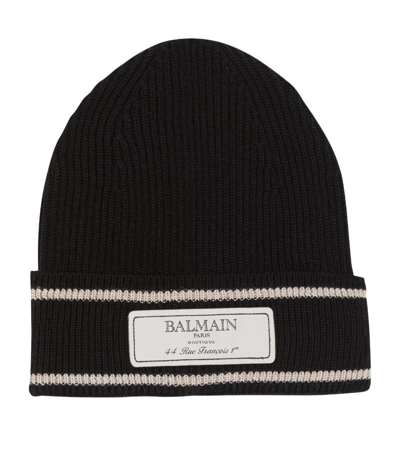 Balmain Logo-patch Merino Wool Beanie In Black