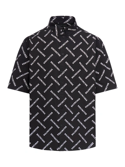 Balenciaga All Over Logo Button-down Short Sleeve Shirt In Black