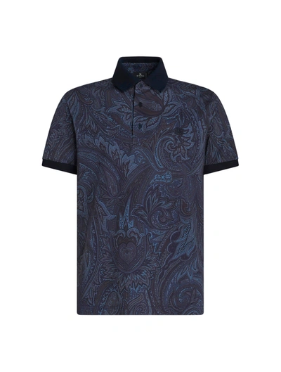 Etro Paisley-print Cotton Polo Shirt In Navy