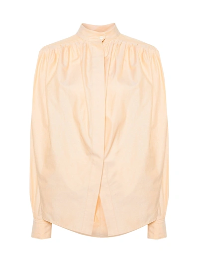 Etro Oxford Gathered Cotton Blouse In Nude & Neutrals