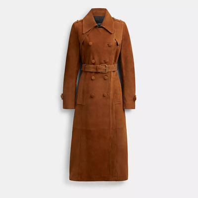 Coach Heritage C Suede Trench Coat In Saddle