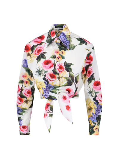 Dolce & Gabbana Floral-print Cotton Cropped Shirt In White