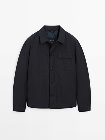Massimo Dutti Cotton Blend Overshirt With Chest Pocket In Navy Blue