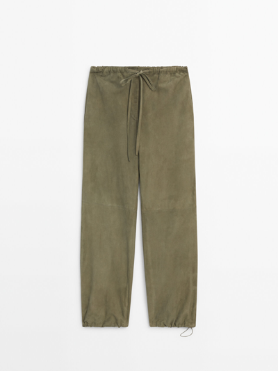 Massimo Dutti Suede Leather Jogger Trousers In Green