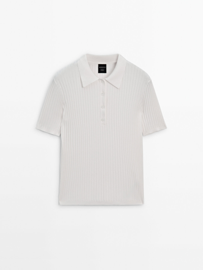 Massimo Dutti Ribbed Knit Polo Shirt In White
