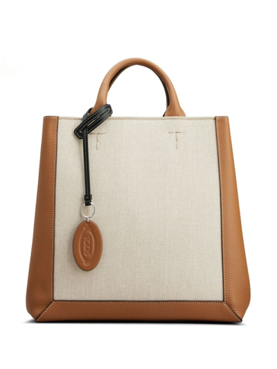 Tod's Double Up Shopping Bag In Leather And Canvas Small In Brown