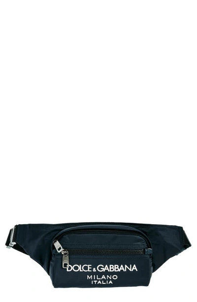 Dolce & Gabbana Rubber Logo Nylon Belt Bag In Navy Blue
