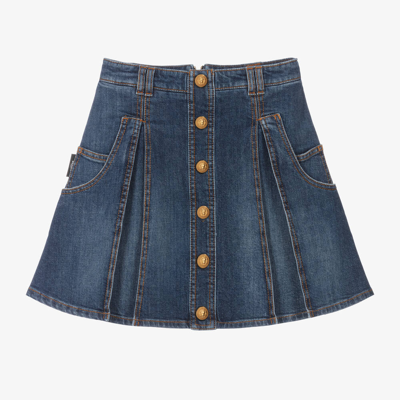 Balmain Kids' Girls Blue Pleated Denim Skirt