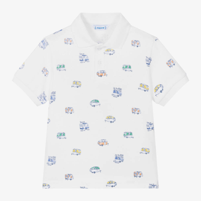 Mayoral Kids' Boys White Caravan Print Cotton Polo Shirt