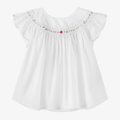 Bonpoint Kids' Fillys Floral-embroidered Cotton Blouse In Bianco