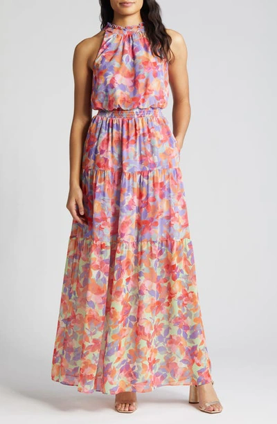 VINCE CAMUTO FLORAL TIERED HALTER NECK MAXI DRESS