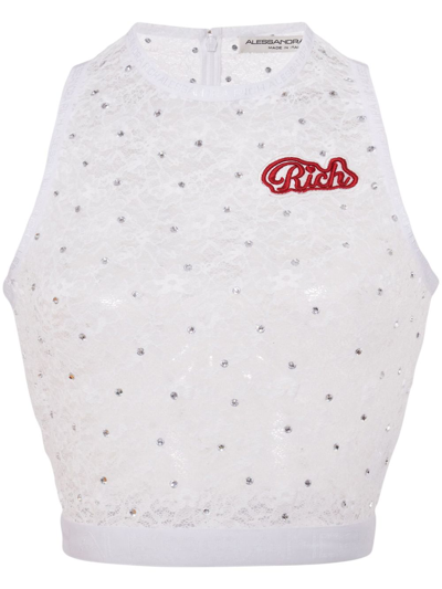 Alessandra Rich White Logo Applique Lace Tank Top