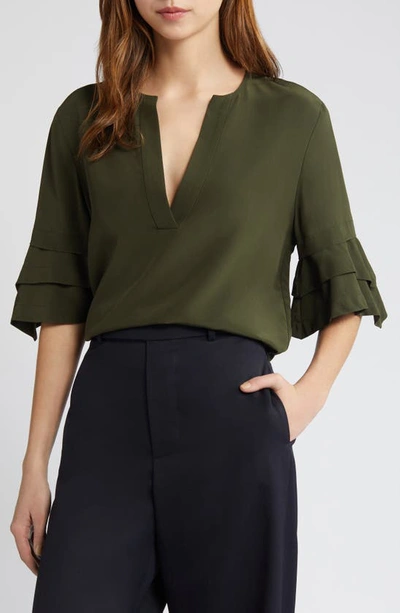 Frame Tiered Short-sleeve Satin Blouse In Willow Green