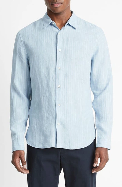 Vince Men's Bayside Striped Linen Button-front Shirt In Lake Blue Optic White