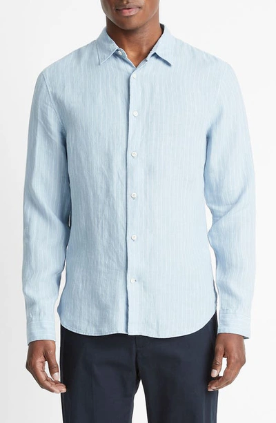 Vince Men's Bayside Striped Linen Button-front Shirt In Lake Blue/ Optic White