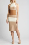 BEBE HIGH NECK COLORBLOCK RIB MIDI DRESS