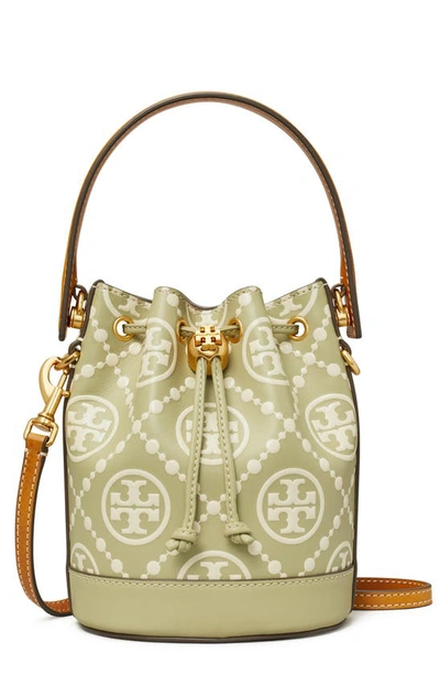 Tory Burch T Monogram Contrast Embossed Mini Bucket Bag In Olive Spring