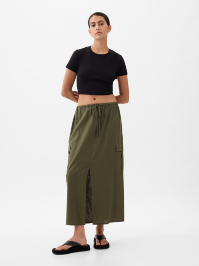 Gap Linen-blend Cargo Midi Skirt In Olive Green