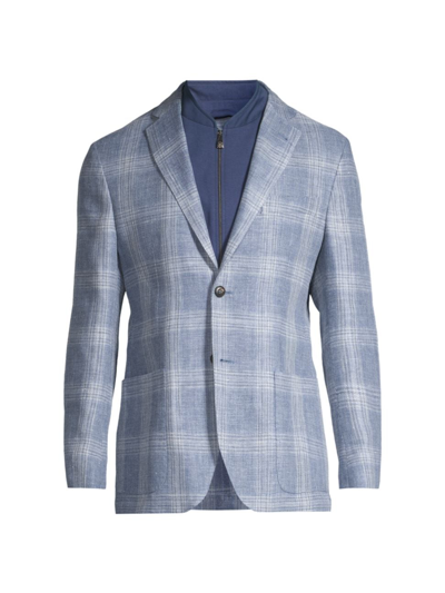 Corneliani Men's Id Plaid Linen & Wool-blend Two-button Suit Jacket In Light Blue Grey