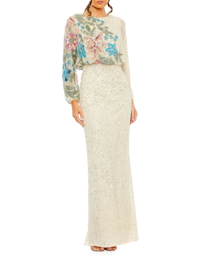 Mac Duggal Embellished Sequin Long Sleeve Blouson Gown In Beige Multi