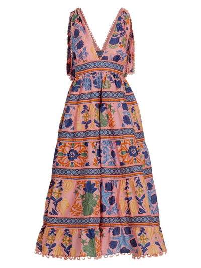 Farm Rio Seashell Tapestry Cotton Midi Dress In Pink