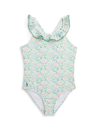 Polo Ralph Lauren Kids' Toddler And Little Girls Floral Ruffled One-piece Swimsuit In Simone Floral With Celestial Blue