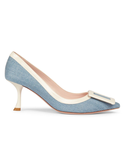 Roger Vivier Viv In The City Buckle Denim Pumps In Jeans Chiaro/whit