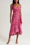 Chelsea28 Faux Wrap Midi Dress In Red/pink Fleur Ikat
