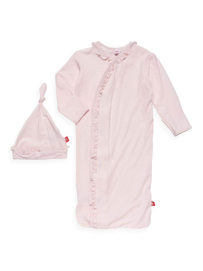 Magnetic Me Baby's Pin Dot Ruffle-trimmed Gown & Hat Set In Pink