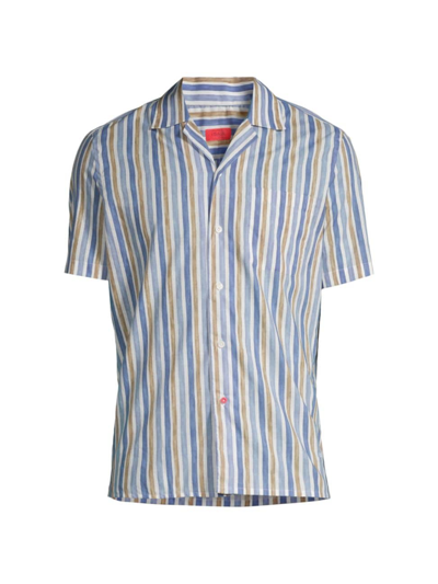 Isaia Men's Camp Collar Shirt In Blue Blush Stripe
