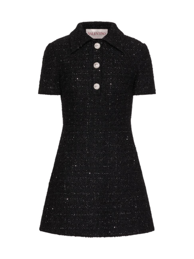 Valentino Metallic Tweed Polo Mini Dress In Black